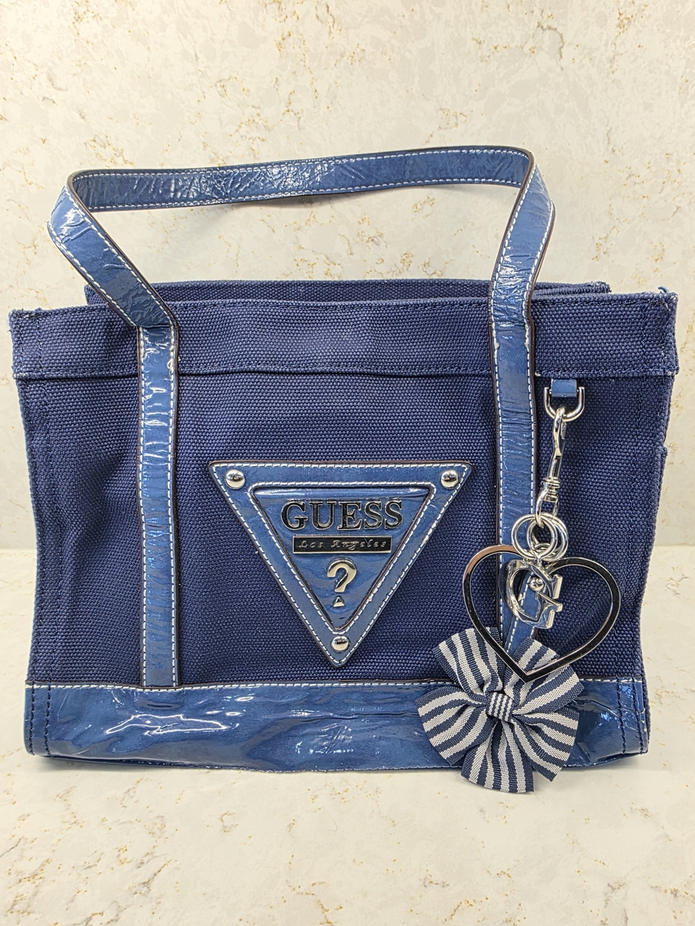 GUESS Navy Blue Canvas Tote with Patent Trim
